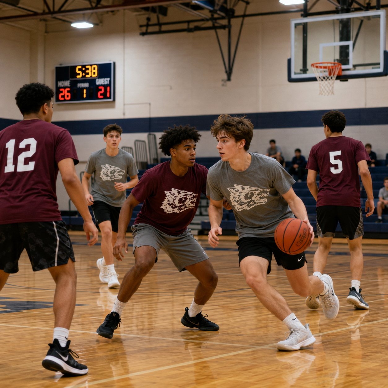 High school boys on opposing maroon and gray teams playing a basketball game