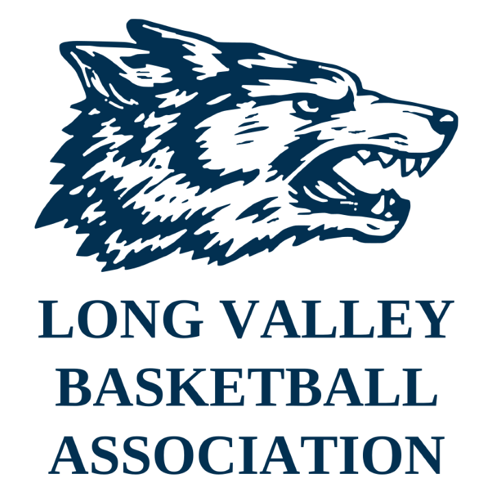 Long Valley Basketball stacked logo with name under wolf's head