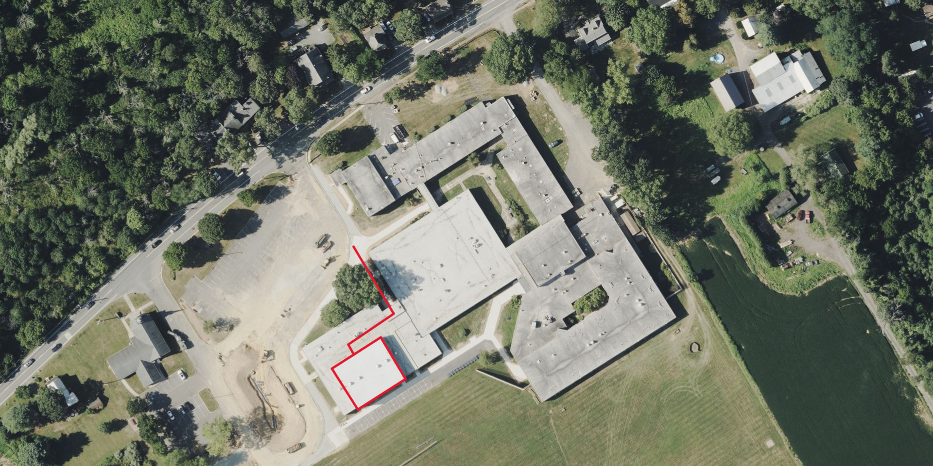 Overhead view of Long Valley Middle School showing where the SOUTH gym is located in school