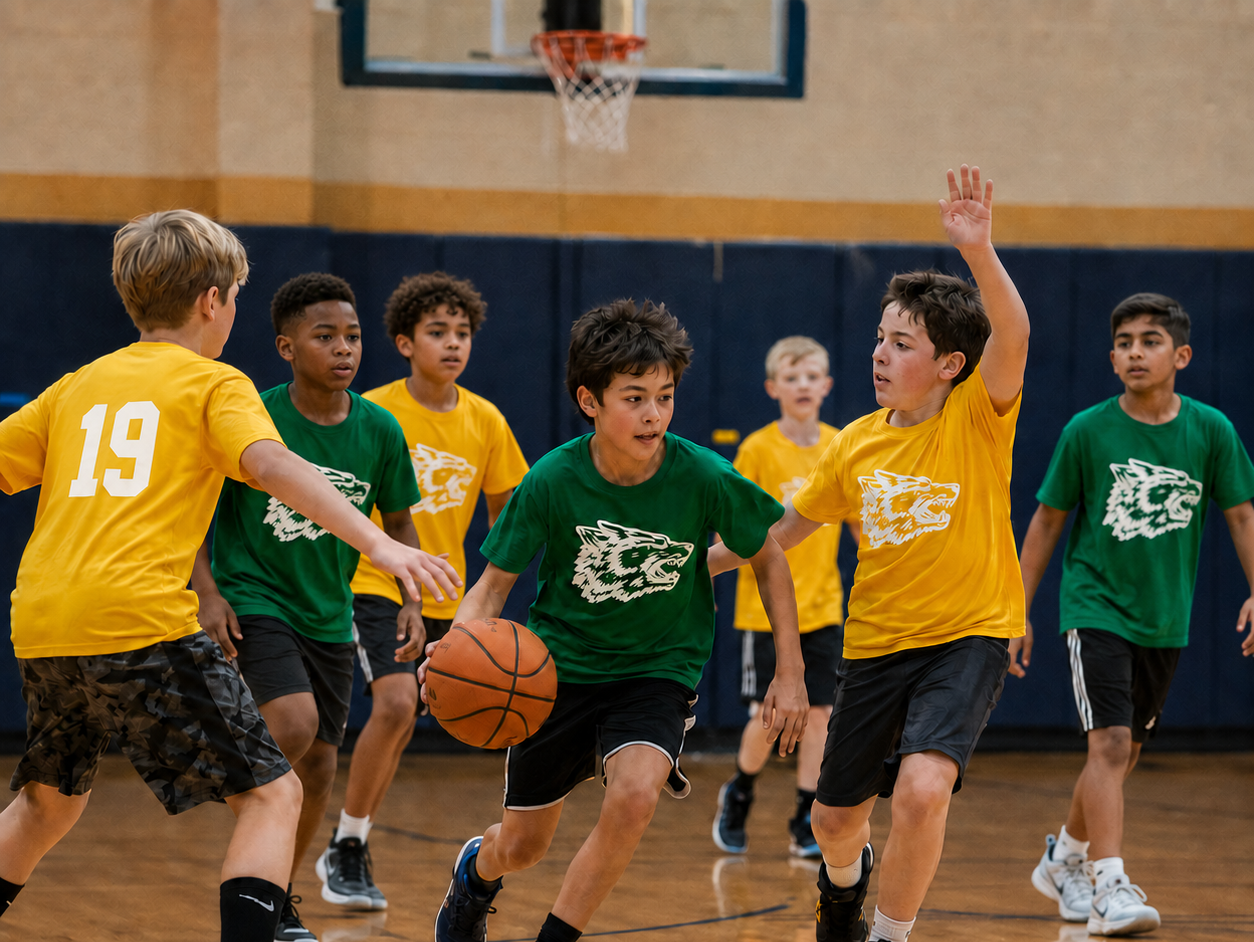 School-aged boy on opposing green and yellow teams playing a basketball game