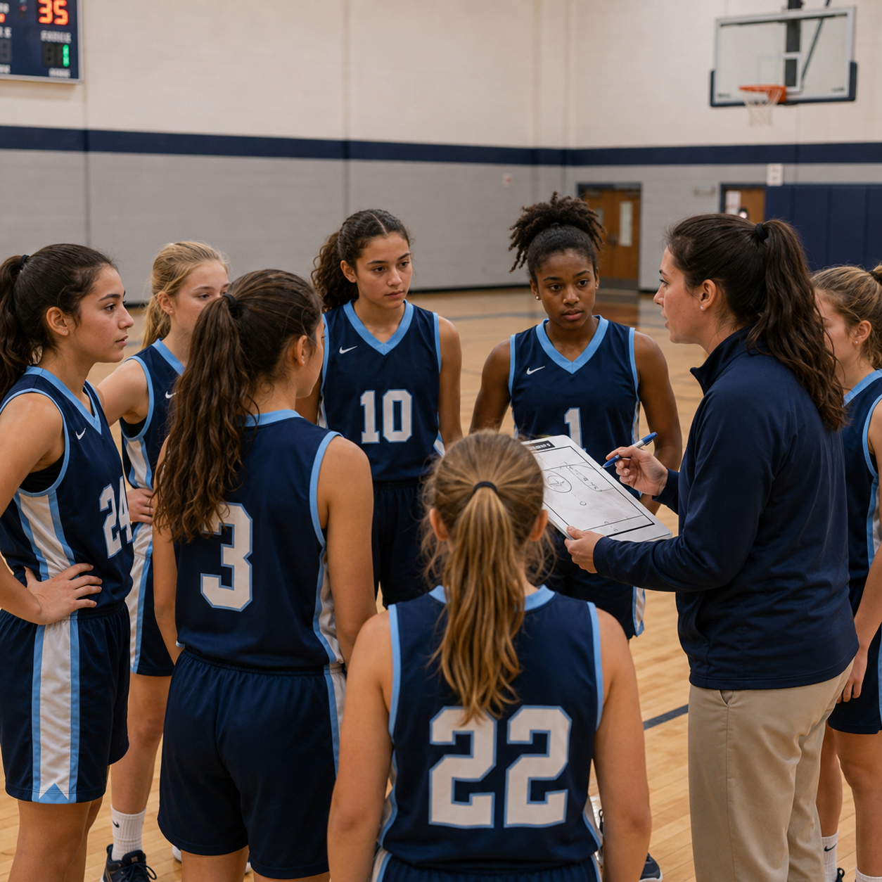 Middle school-aged girls taking a timeout with their coach