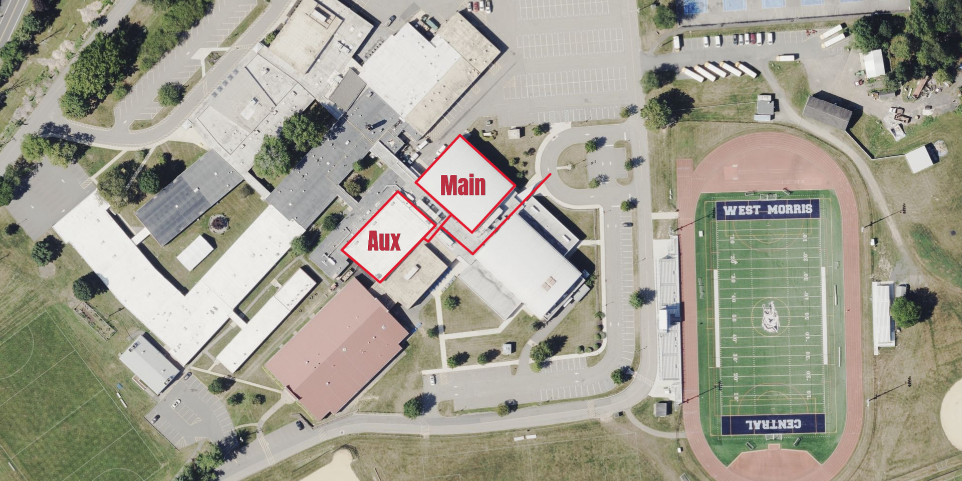 Overhead view of West Morris Central High School showing where the MAIN and AUX gyms are located in school