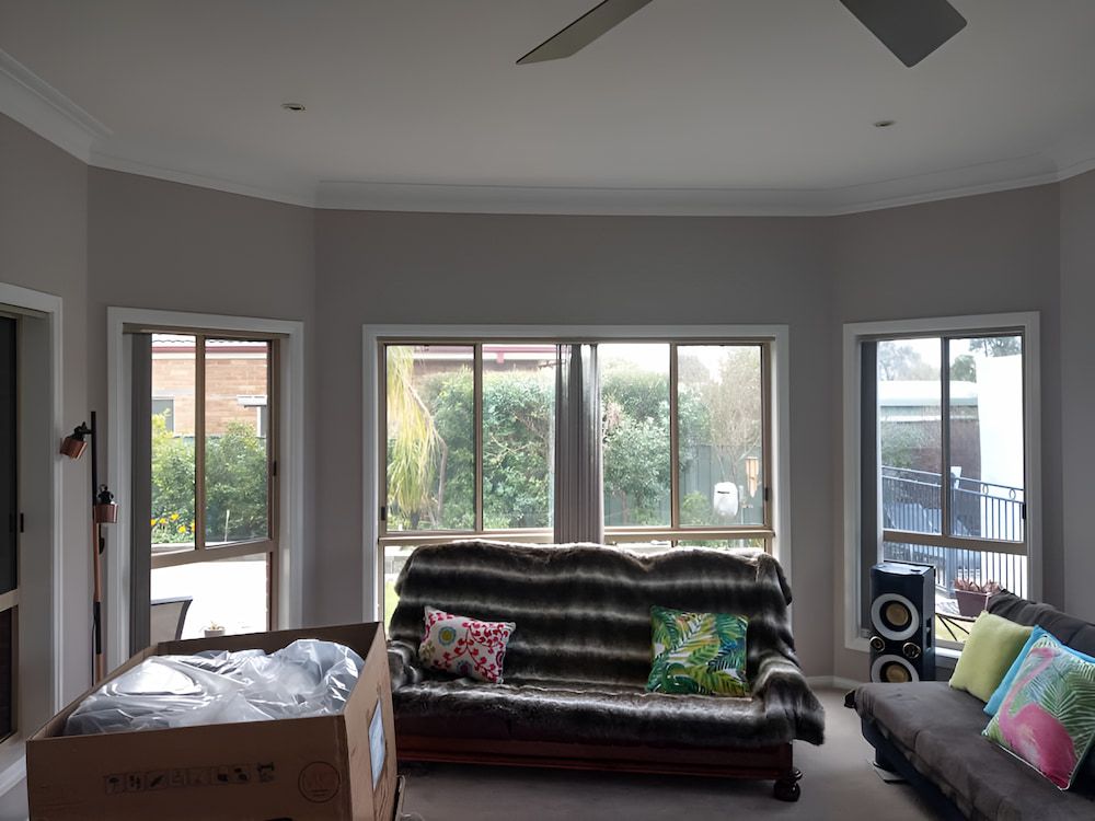 A Living Room With a Couch and a Box on the Floor — Shields Painting & Decorating in Temora, NSW