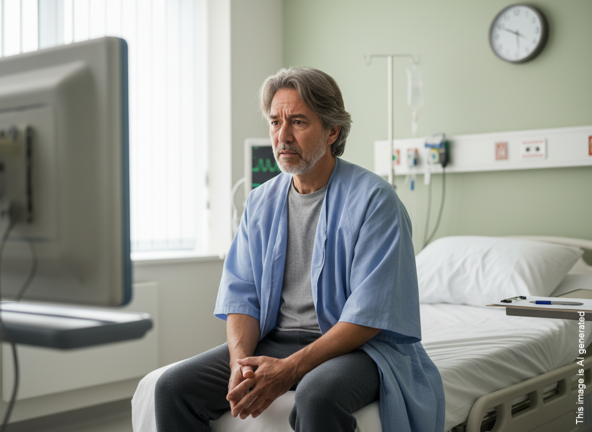 Man in hospital bed, wearing hospital gown, looking down with a concerned expression. Medical equipment and a clock are visible in background.