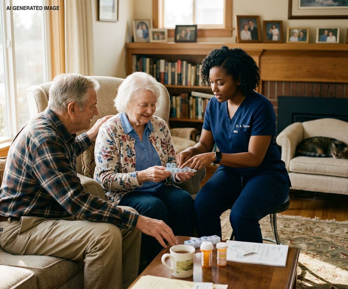 Three people sit talking in a cozy living room, looking at a tablet on the coffee table.