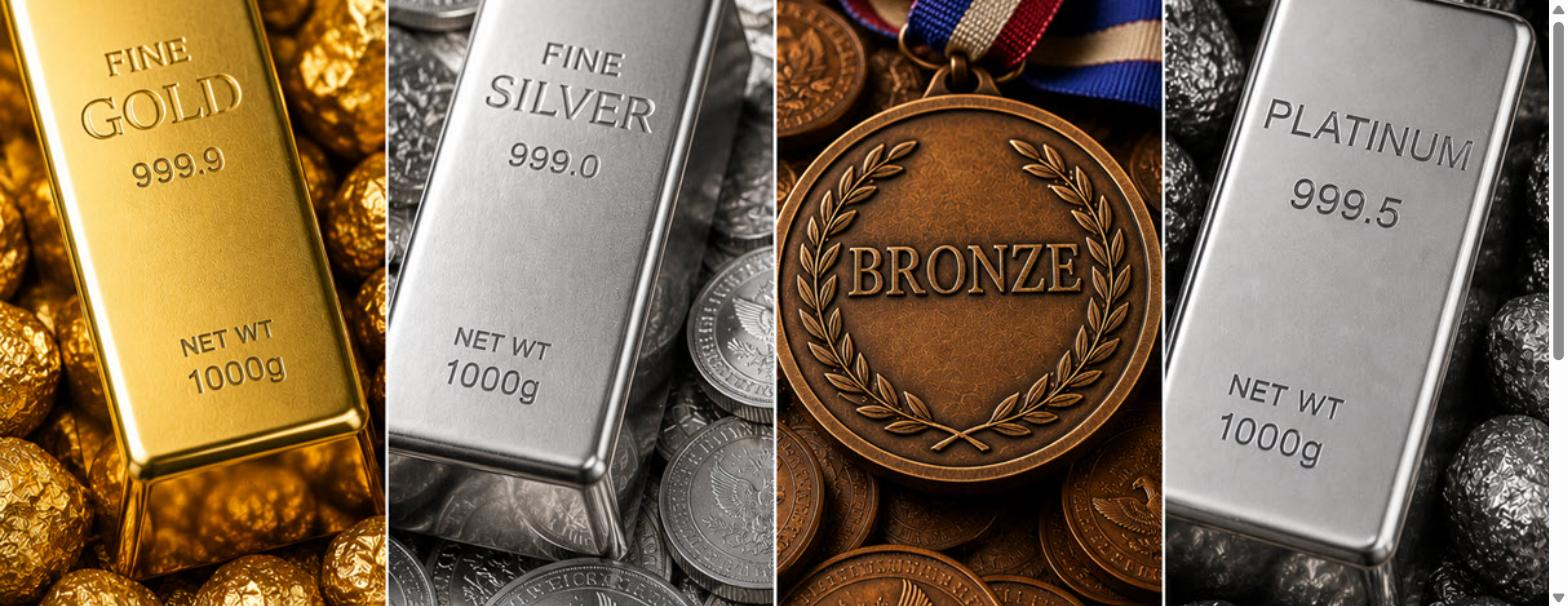 Gold, silver, bronze, and platinum metal bars representing health plan tiers