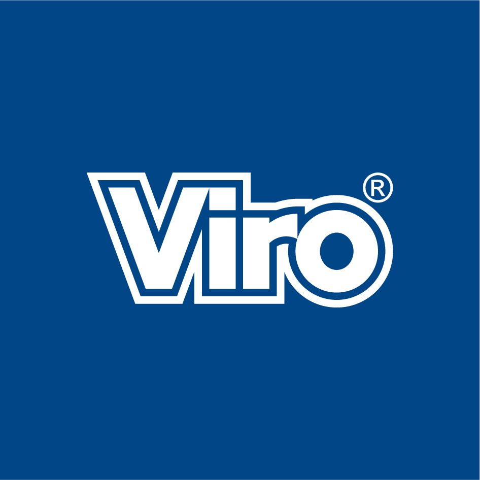 Logo Viro in bianco su sfondo blu.