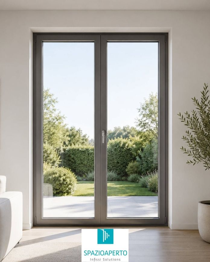 Moderne porte scorrevoli in vetro che si aprono su un giardino soleggiato con alberi e arbusti.