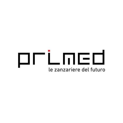 Logo prLmed in nero con accento rosso e lo slogan “le zanzariere del futuro”