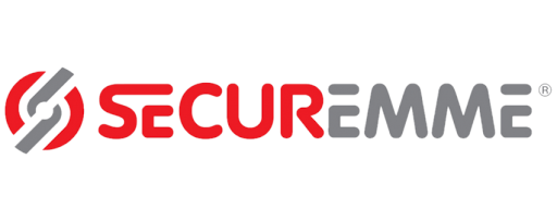 Logo SECUREMME in rosso e grigio con icona astratta.