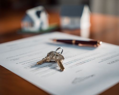 Keys on a document with a pen on a wooden desk, suggesting a home sale or lease signing.