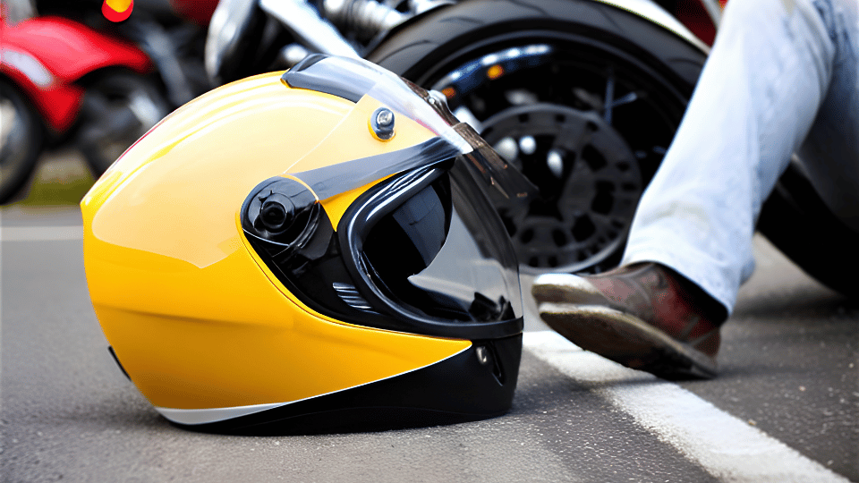 Yellow motorcycle helmet on pavement beside a rider’s boot and another helmet in the background