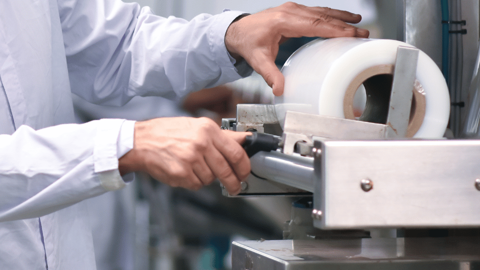 Hands operating a machine with a large white roll in an industrial setting
