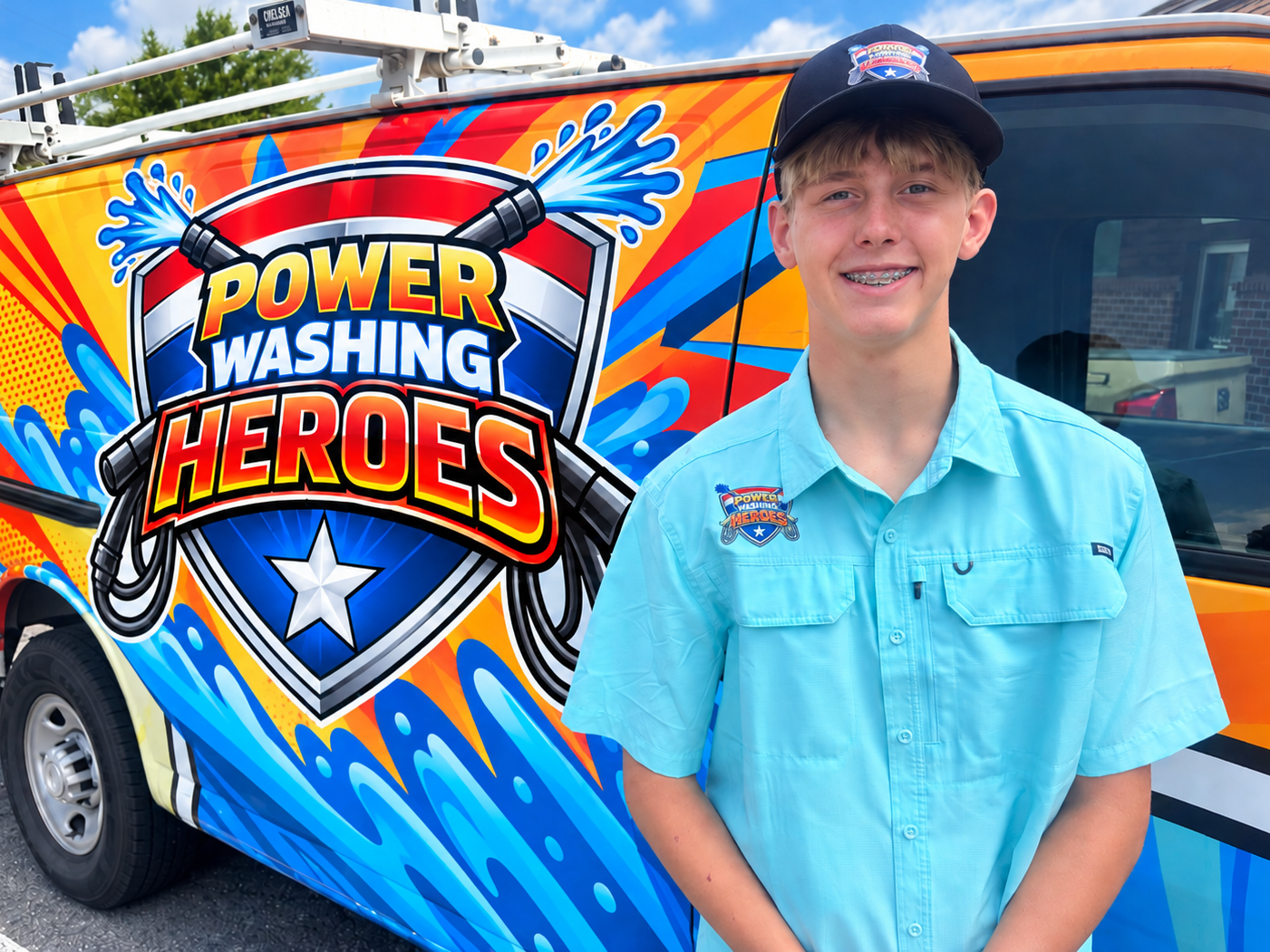 A young man wearing a hat and glasses is standing in front of an orange van. A young man wearing a hat and glasses is standing in front of an orange van.