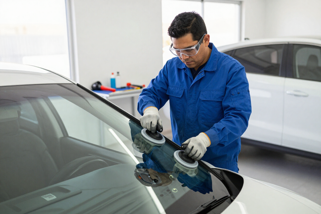 Técnicos de AUTOCRISTALES AGUILAR instalando cristales automotrices en Ciudad Obregón