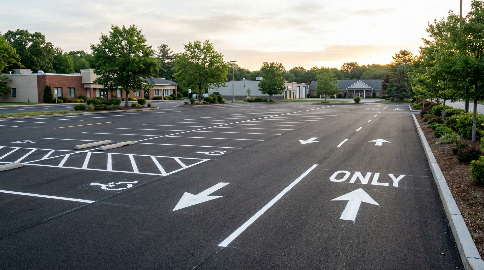 Empty parking lot with white lane markings and 