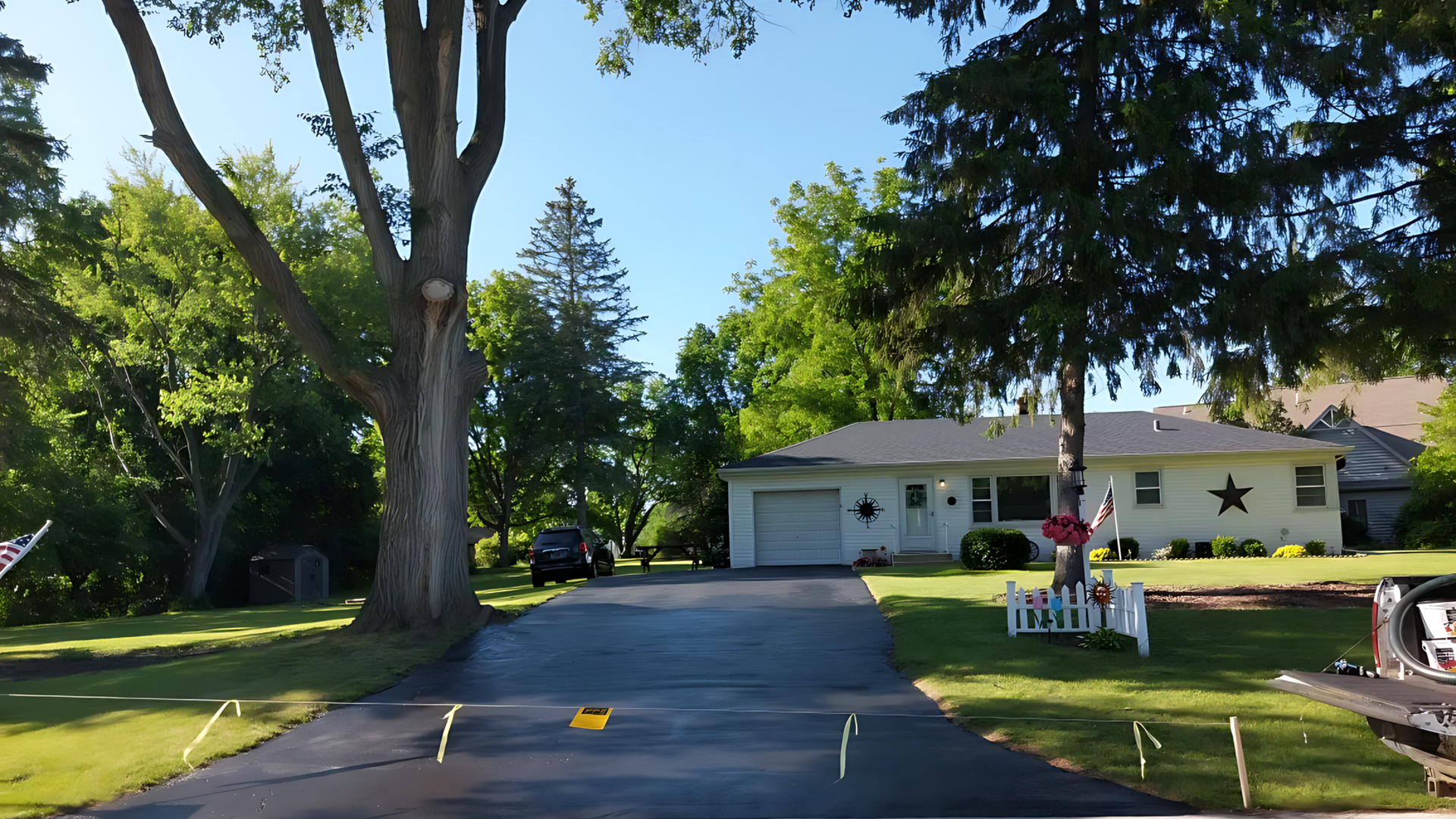 Suburban house with driveway, large tree, and lawn decorations on a sunny day