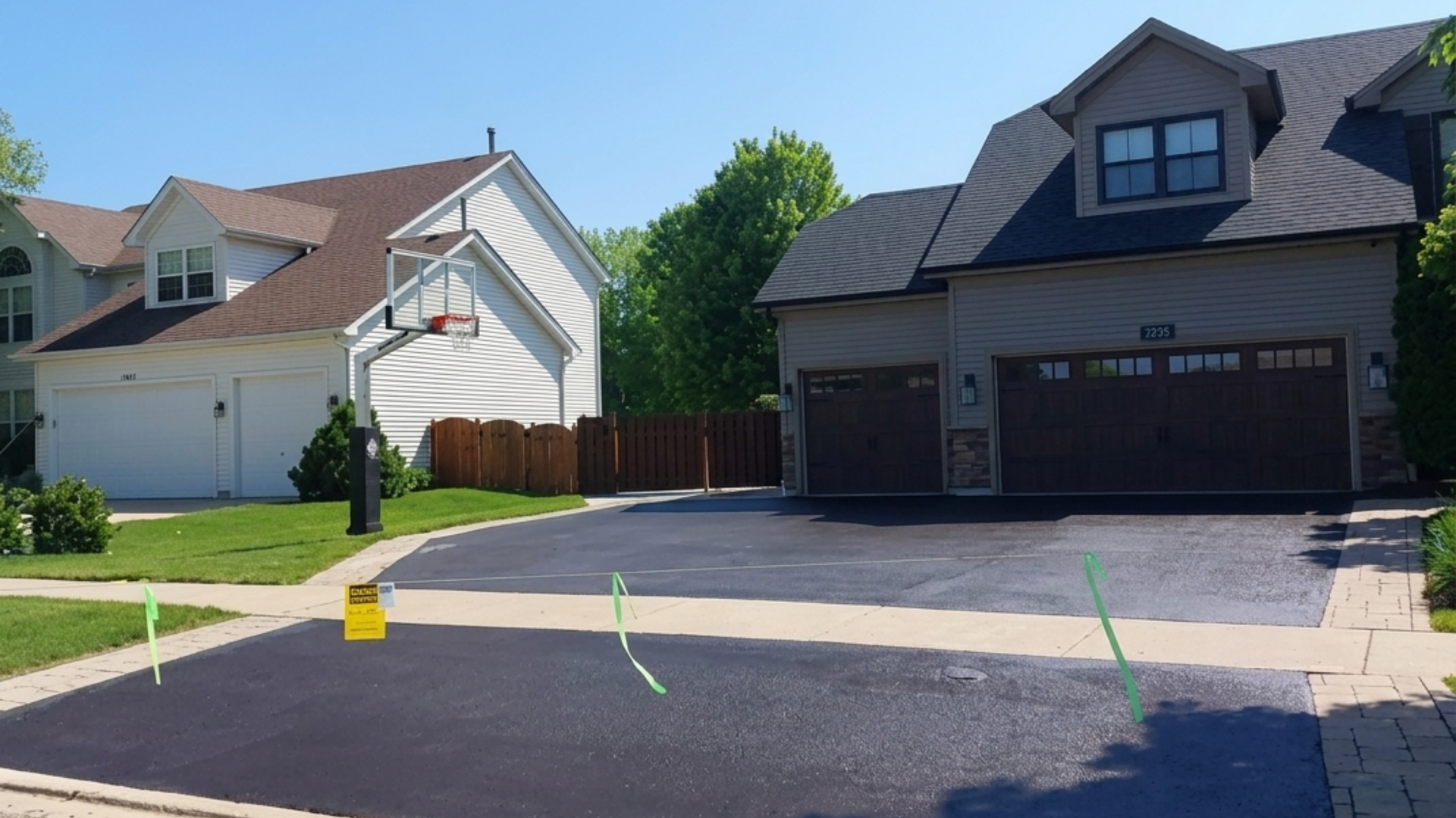 Suburban driveway and garage fronts on a sunny day, with a yellow object and green marking on the pavement