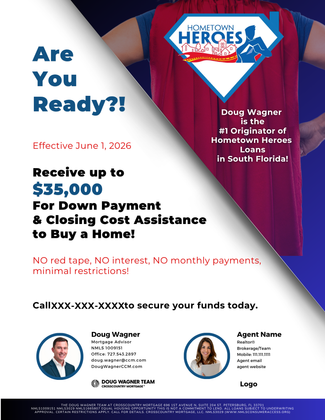 Promotional flyer with blue and white text offering up to $35,000 for down payment and closing cost assistance