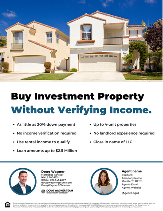 Real estate ad with house photos and text: “Buy Investment Property Without Verifying Income.”