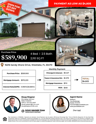 Real estate flyer for a white house with garage, interior photos, and $589,900 price for 4 bed, 2.5 bath home