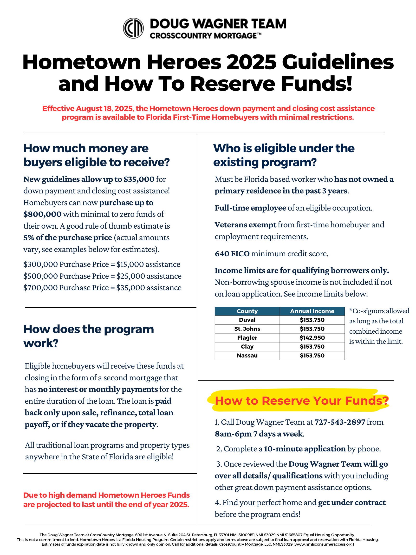Flyer titled “Hometown Heroes 2025 Guidelines and How To Reserve Funds” with two-column text and highlighted section