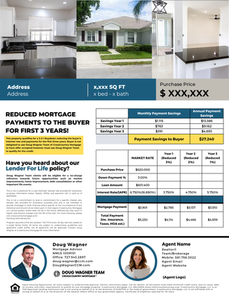 Real estate flyer with home photos, price, reduced mortgage payment, and agent contact details