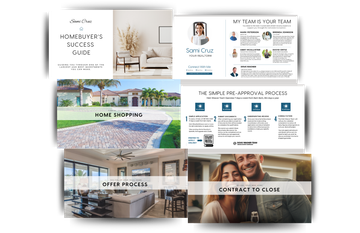 Real estate collage showing a home, interiors, and process steps for buying or selling a house