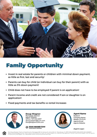 Graduate in cap and gown receives congratulations at a Family Opportunity event flyer
