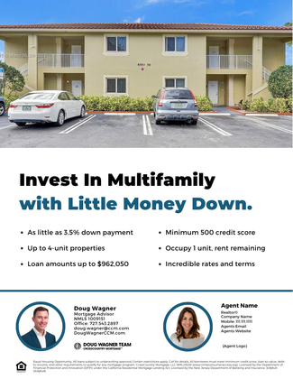 Multifamily investment flyer with apartment building, cars, and headline “Invest In Multifamily with Little Money Down.”