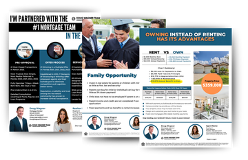 Three overlapping flyer-style ads with photos, text blocks, and blue, white, and orange accents on a white background