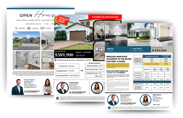 Real estate brochure collage showing a house exterior, floor plans, agent photos, and pricing details