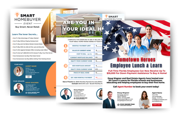 Collage of colorful real-estate flyers and employee event posters with house, photo, and American flag imagery