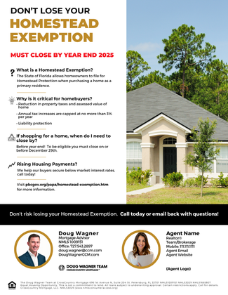 Flyer about homestead exemption deadline with house photo and contact info for agents