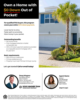 Real estate flyer advertising $0 down home purchase with house photo and two agent headshots