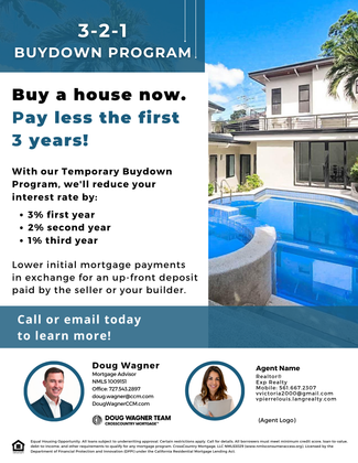 Flyer for a 3-2-1 buydown mortgage program with a house, pool, and agent headshots.
