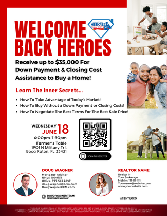 Red and white real estate flyer promoting $5,000 down payment and closing cost assistance for homebuyers.