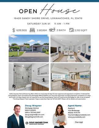 Open house flyer with exterior and interior home photos and realtor contact details
