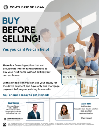 CCM’s Bridges Loan ad: “Buy Before Selling!” with couple moving boxes and home financing details