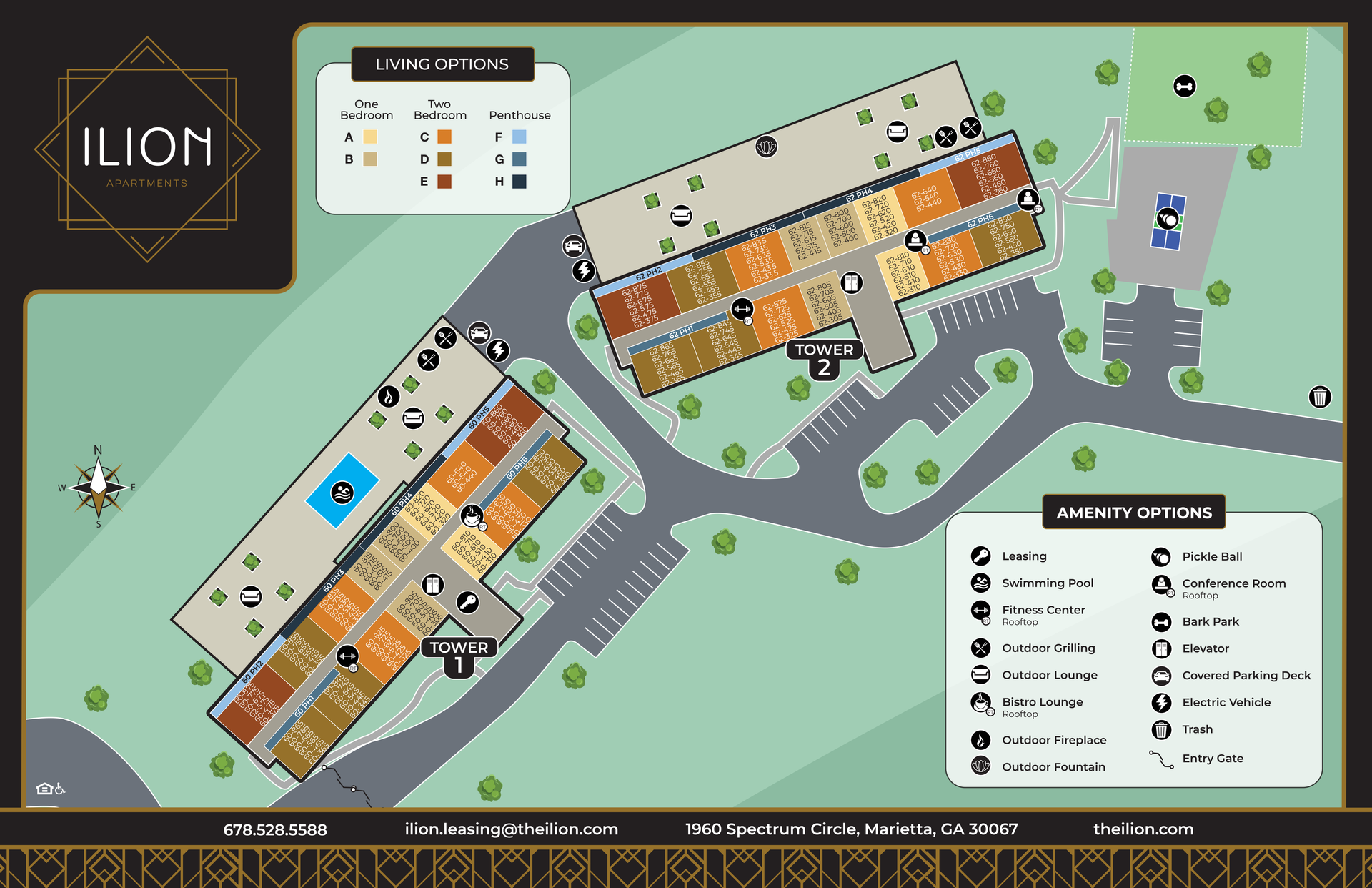 Top-down site plan map with labeled buildings, roads, parking lots, and a legend on a green background