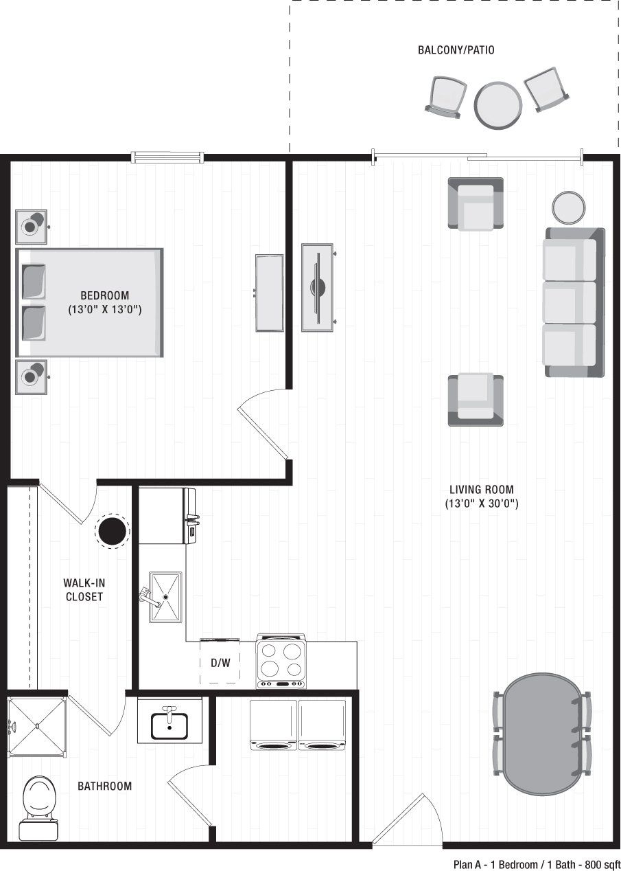 A black and white floor plan of an apartment at Ilion Apartments in Marietta, GA.