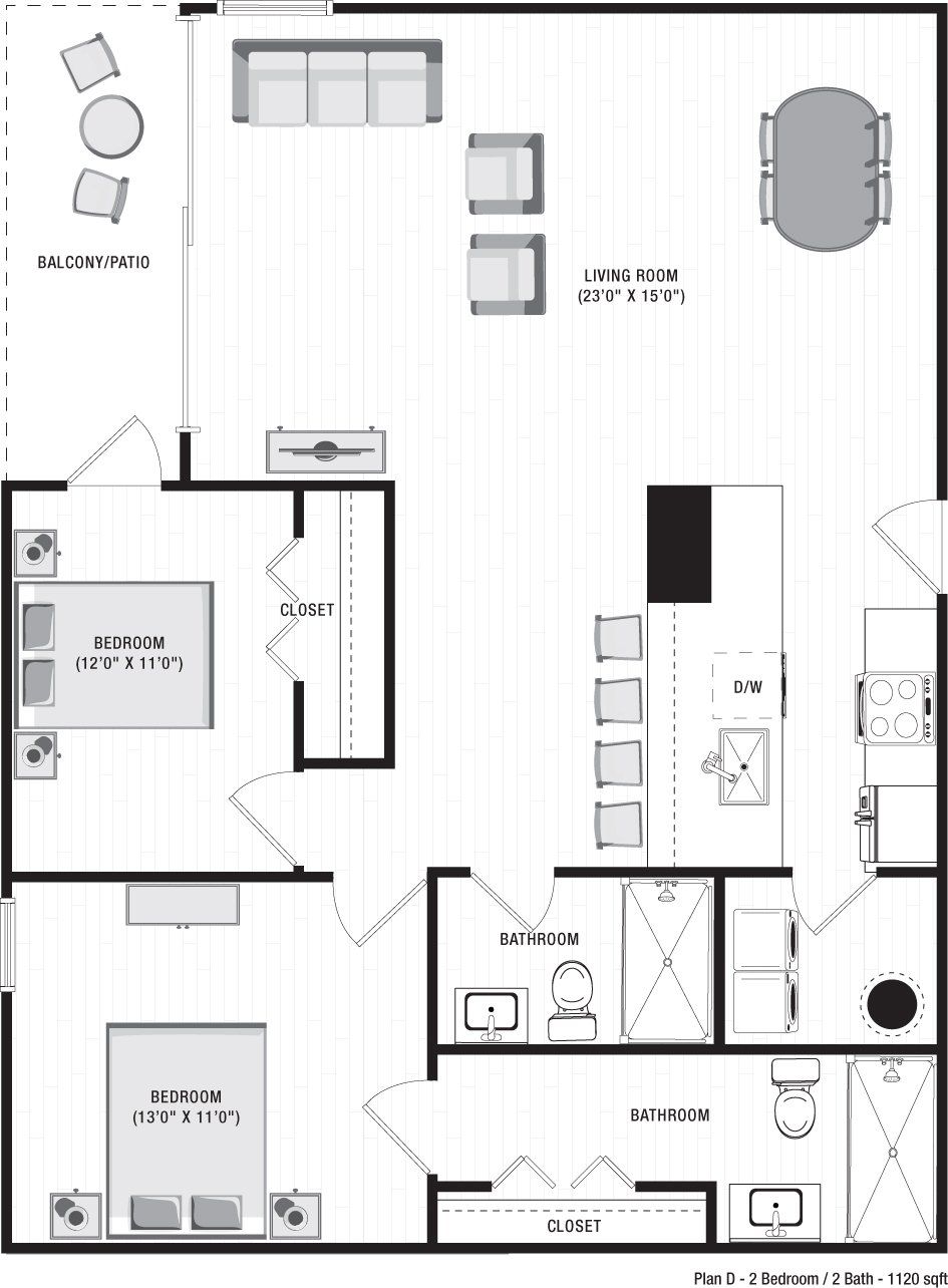 A black and white floor plan of an apartment at Ilion Apartments in Marietta, GA.