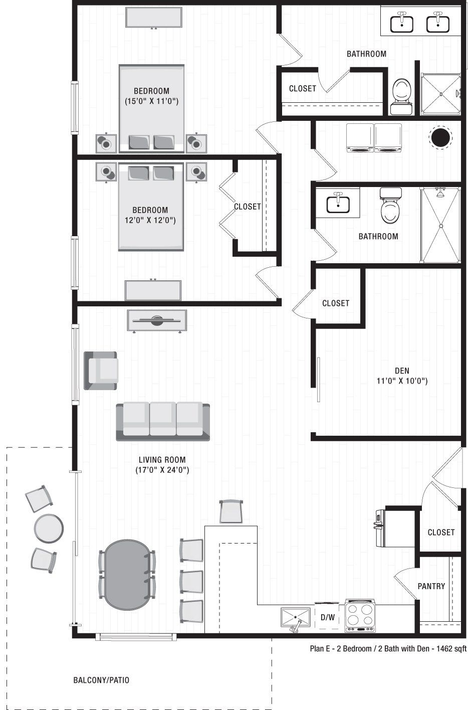 A black and white floor plan of an apartment at Ilion Apartments in Marietta, GA.