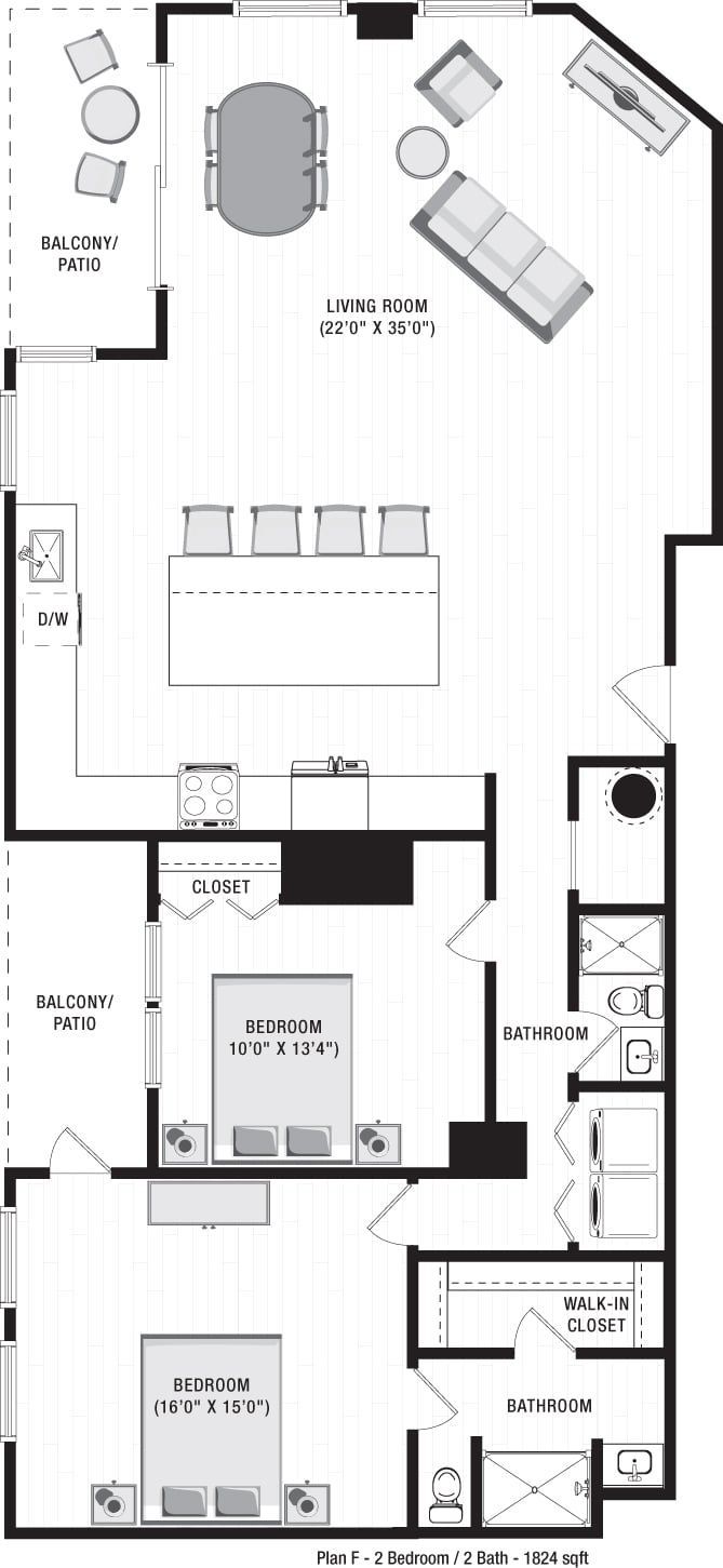 A black and white floor plan of an apartment at Ilion Apartments in Marietta, GA.