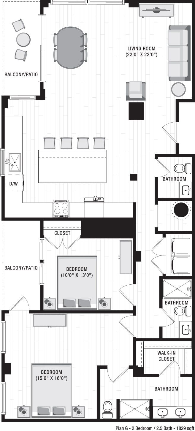 A black and white floor plan of an apartment at Ilion Apartments in Marietta, GA.