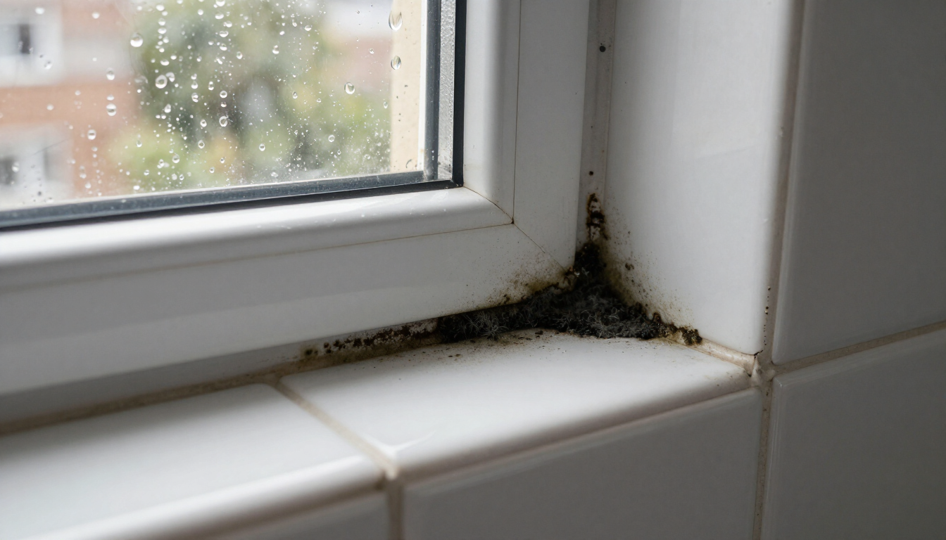 Dirty moldy corner of a bathroom window sill with black mildew buildup