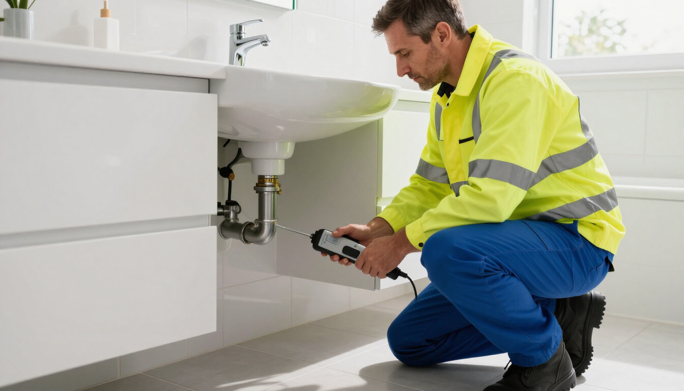 Plumber kneeling under a bathroom sink, inspecting pipes with a tool, wearing a high-vis jacket.
