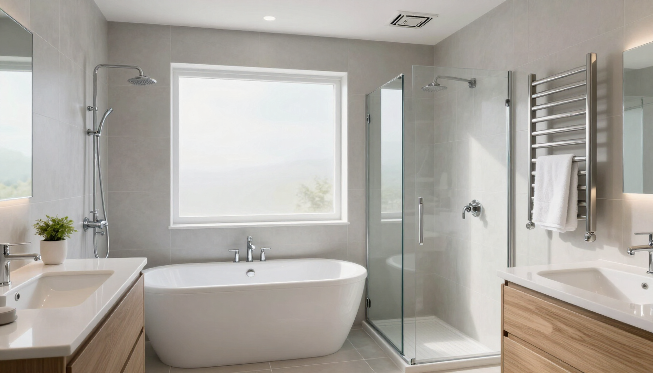 Modern bathroom with freestanding tub, glass shower, double sinks, and towel rack near a window