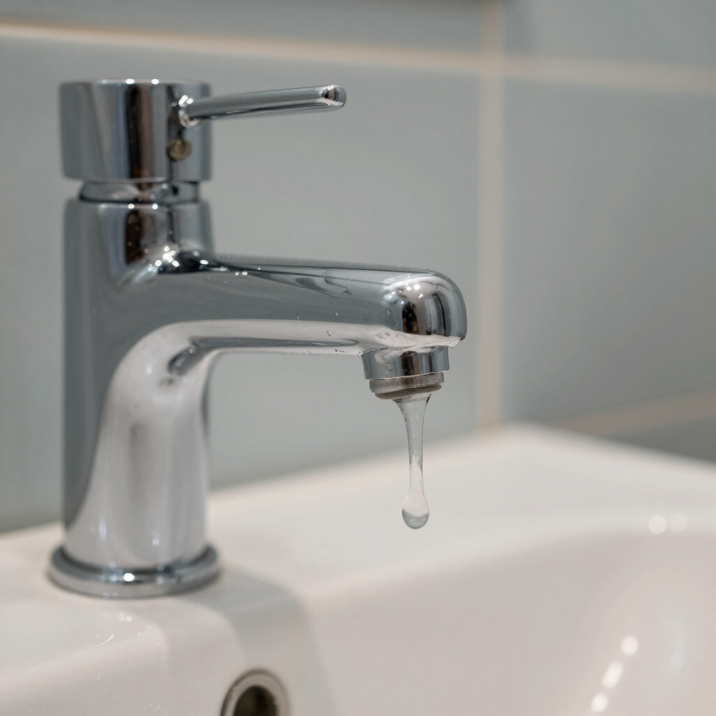 Chrome bathroom faucet dripping water into a white sink