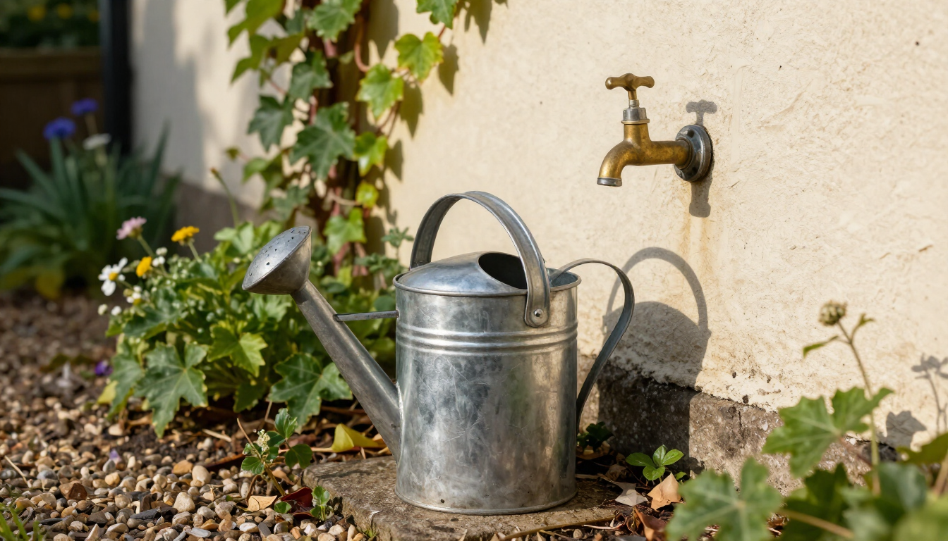 Silver watering can by a brass outdoor faucet beside a wall and garden plants.